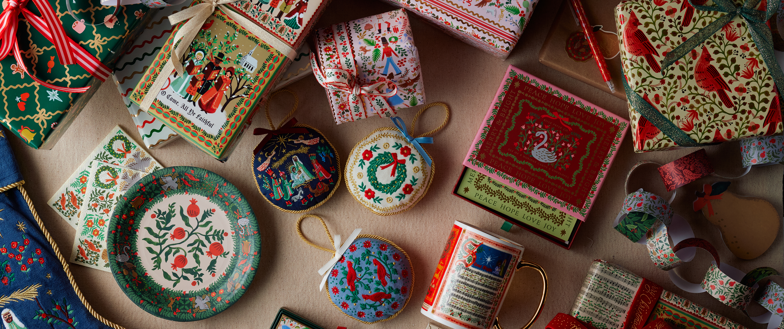 tableau of holiday ornaments and wrapping paper